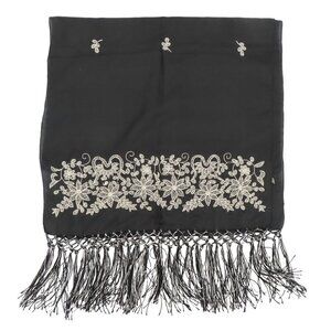 April Cornell Black Cream Embroidered Floral Flower Fringe All Silk Scarf Wrap